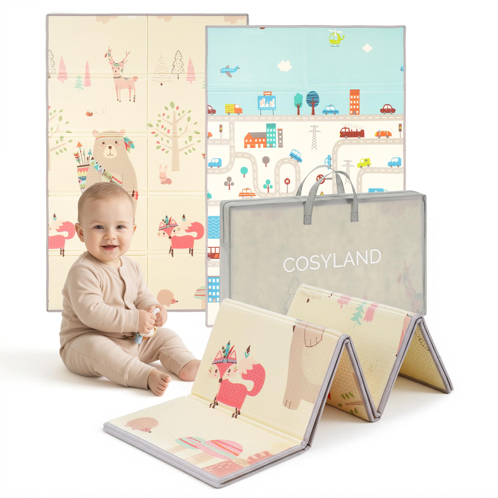 COSYLAND Alfombra Bebé Acolchada Plegable XPE Reversible, Tapete de Juegos Infantil Antideslizante e Impermeable para Suelo, Colchoneta Bebé, Oso Gordito y Ciudad de Coches, 120 x 180 x 1 cm