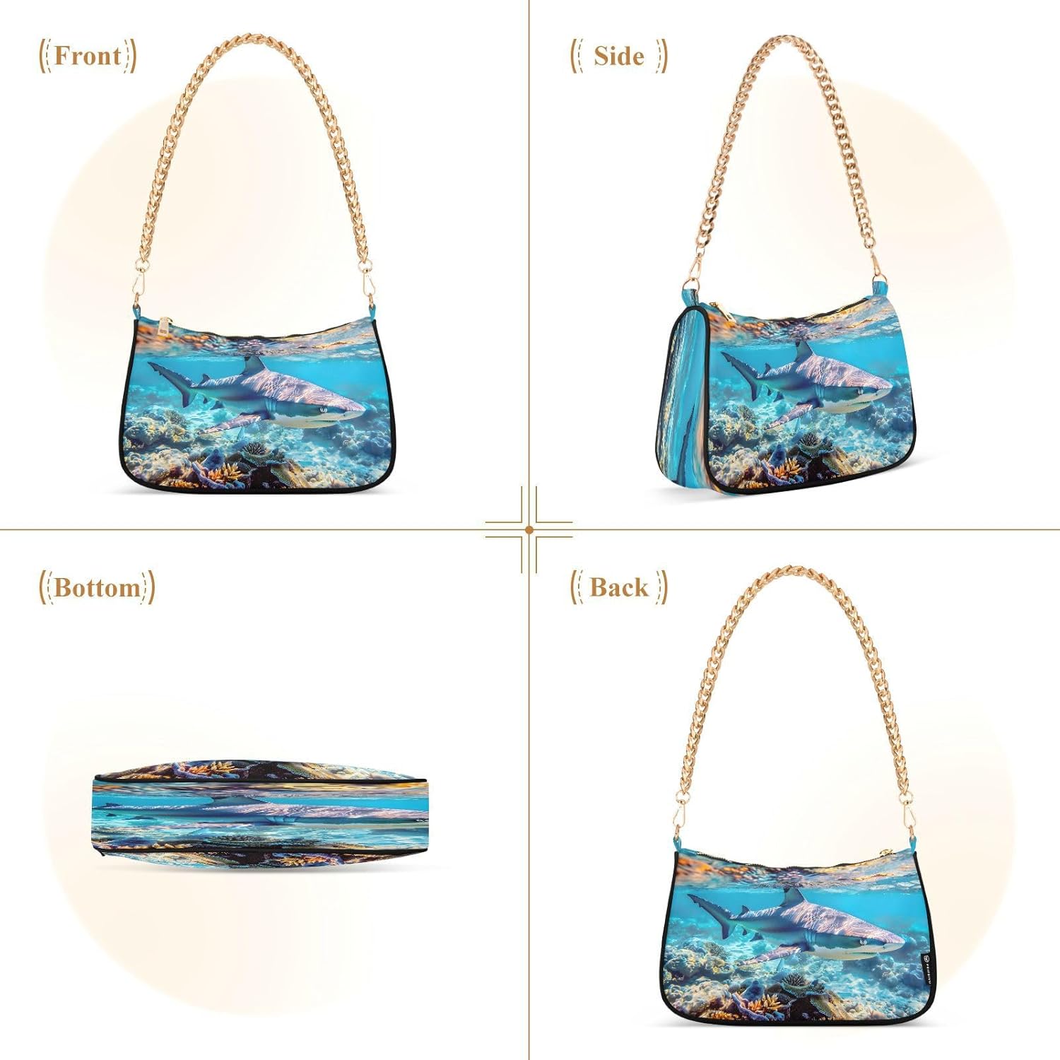 Shoulder Bags for Women Shark Hobo Tote Handbag Small Clutch Purse with Zipper Closure