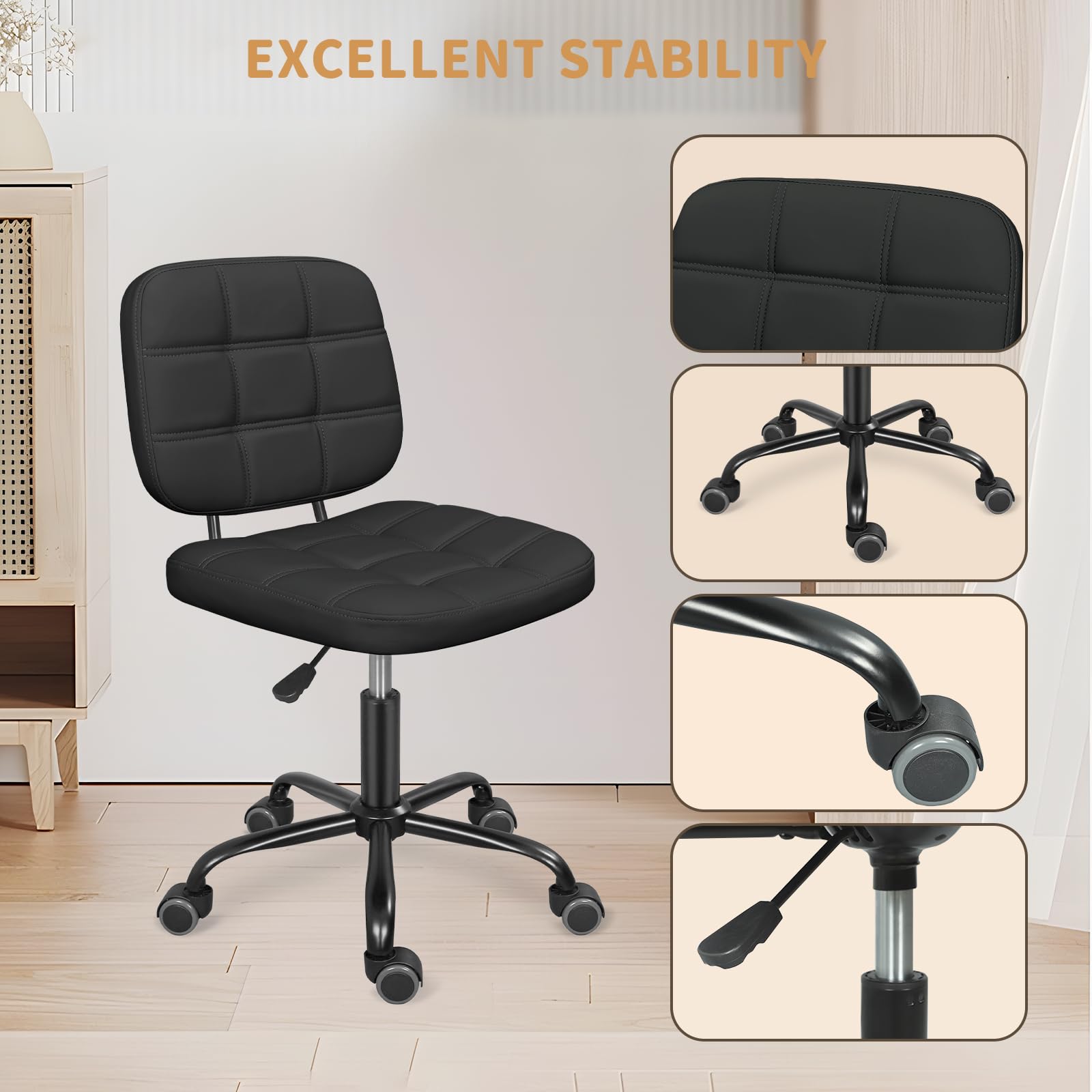Leader Accessories Schreibtischstuhl höhenverstellbarer Bürostuhl ergonomischer Drehstuhl ohne Armlehnen Home Office Stuhl mit mittleren Rückenlehne Bürodrehstuhl Belastbarkeit bis 120KG Schwarz