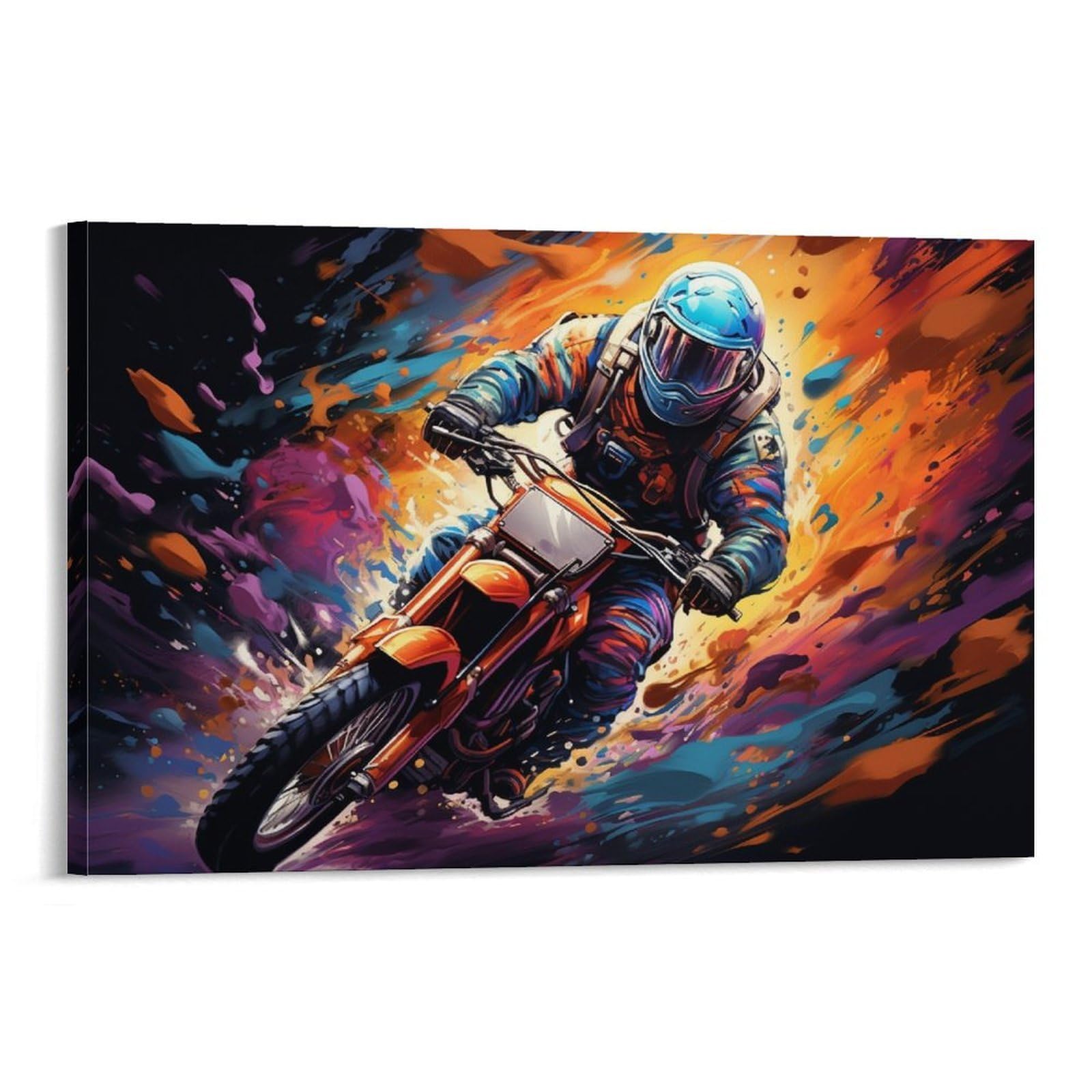 CPLVKWRQJ Bright Magical Colorful Individual Motocross Rider in Paint Explosion Canvas Wall Hanging - Office Wall Focal Art Fade Resistant Statement Piece Decor 08x12inch(20x30cm)
