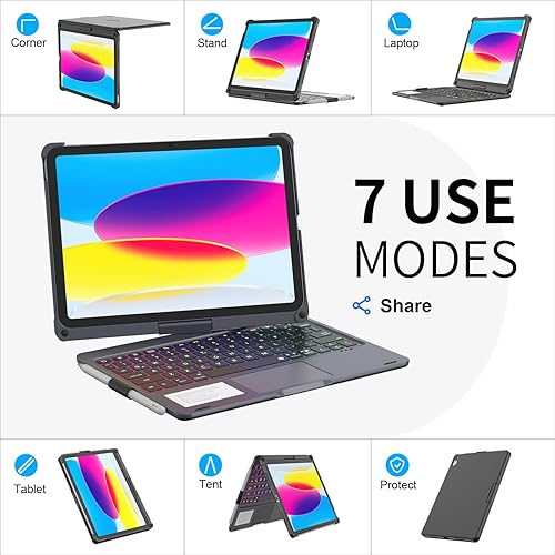 Miniatura 3 de NOKBABO Funda para iPad de 10. generación con teclado, retroiluminación arcoíris, rotación de 360, panel táctil múltiple y soporte para lápices,