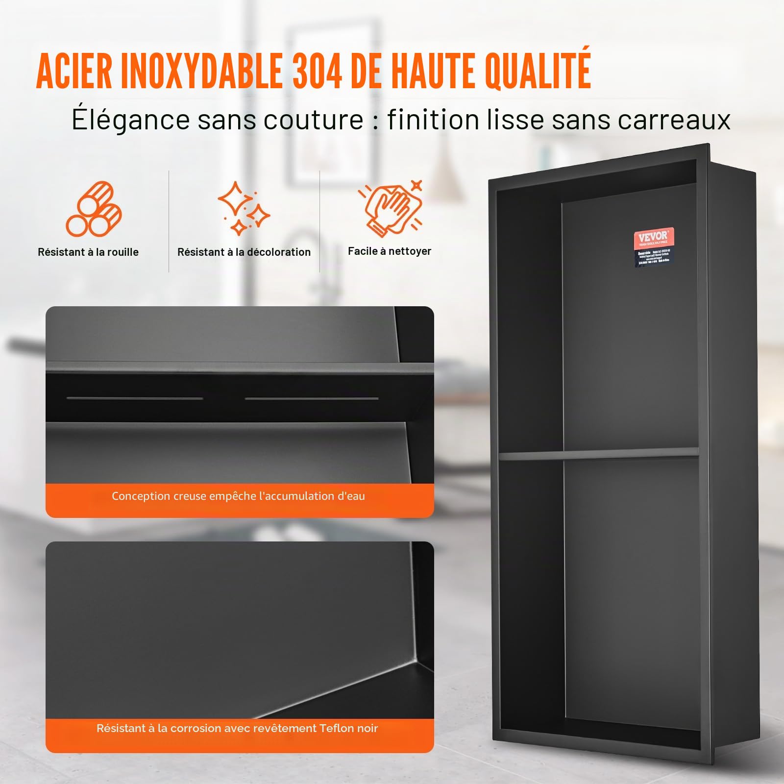 VEVOR Niche Encastrable Salle de Bain 33,02x63,5 cm Niche Douche Murale Double Étagère Acier Inoxydable 304 Scellée Étanche Facile à Nettoyer Moderne pour Stockage de Savon Douche Salle de Bains, Noir