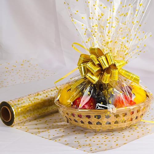 Miniatura 6 de CMFYHM Rollo de celofán transparente (34 pulgadas x 120 pies) de lunares dorados de 3 mil, rollo de envoltura de regalo, envoltura de celofán para