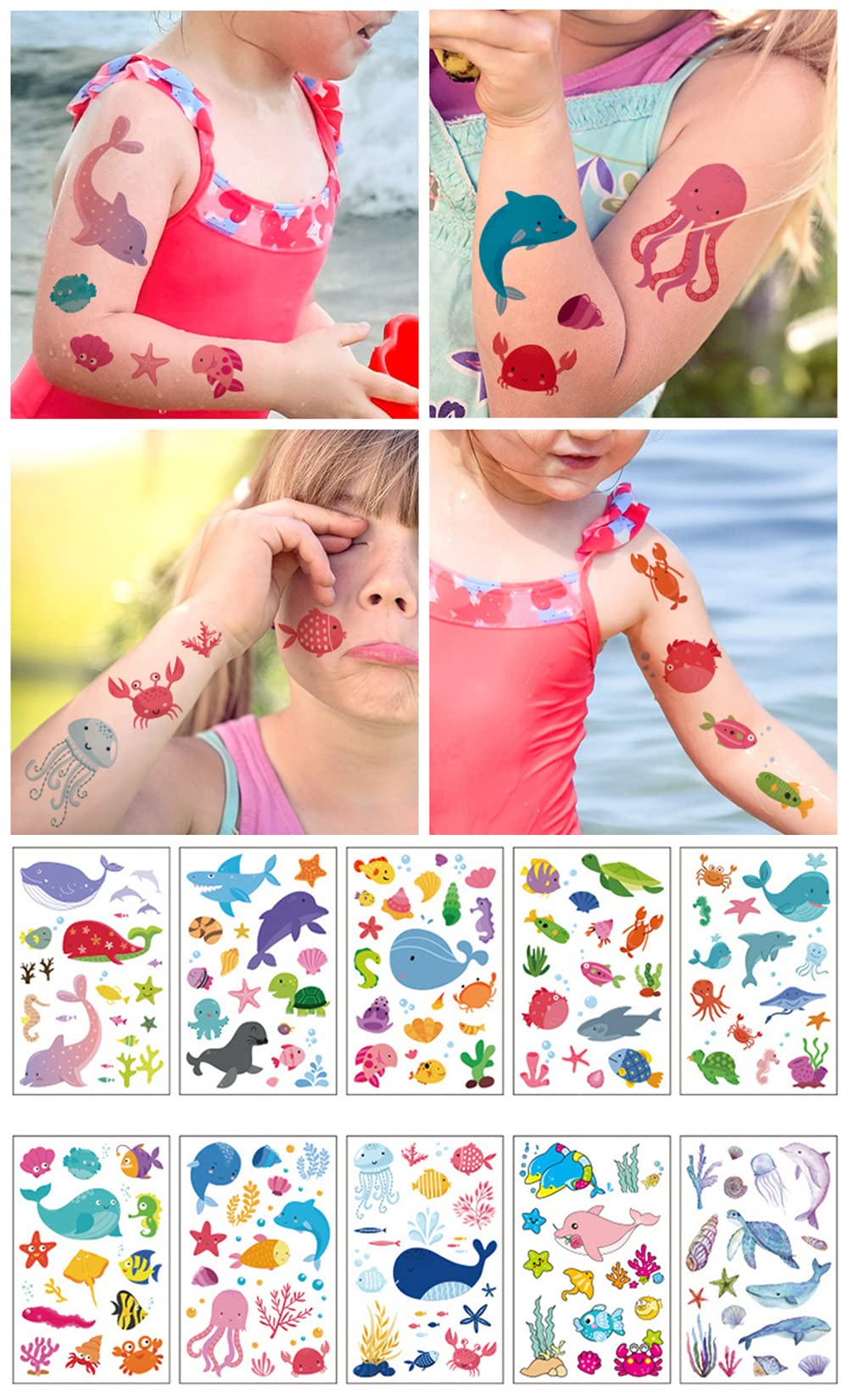 S.A.V.I 10 Sheets Whales, Fish Colorful Temporary Tattoo Stickers For Kids, Birthday Party Decorations, Party Supplies, Stickers for Face, Hands, Neck, Sea Animals Design Size 12x7.5CM-image-38