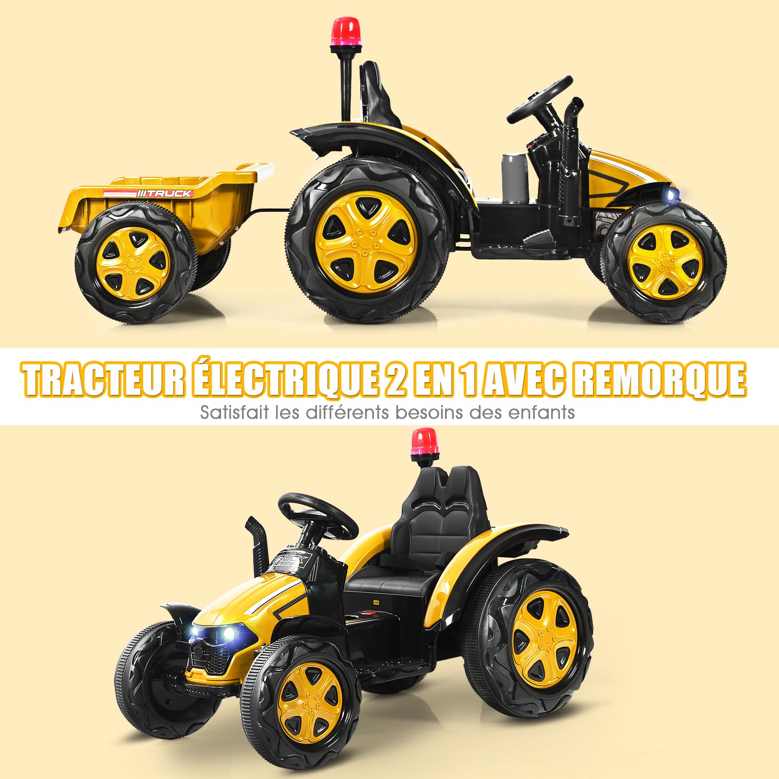 COSTWAY 12V Tracteur Électrique Enfant avec Remorque Amovible & Télécommande 2,4G, Voiture Électrique avec Lumière & Musique, Cheminée & Feu, 3-8 km/h, Charge 30kg pour Enfants de 3-8 Ans