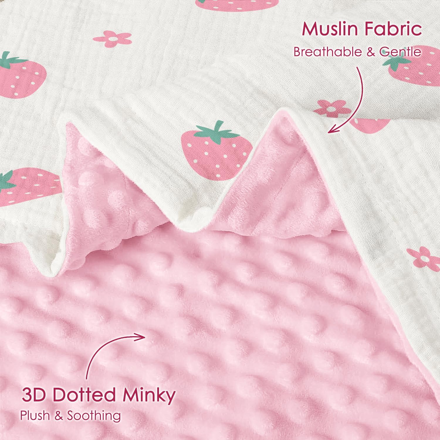 Strawberry Baby Blankets for Girls, Soft Nursery Minky Blankets with Muslin and Dotted Fleece Back 30x40 inches, Receiving Bed Quilt for Newborn, Infants, Toddlers