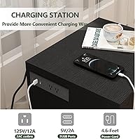 Vista 4 de Auromie Mesita de noche con estación de carga y luces LED, mueble de ocultación con gabinete de cerradura RFID y tomas de corriente, mesa