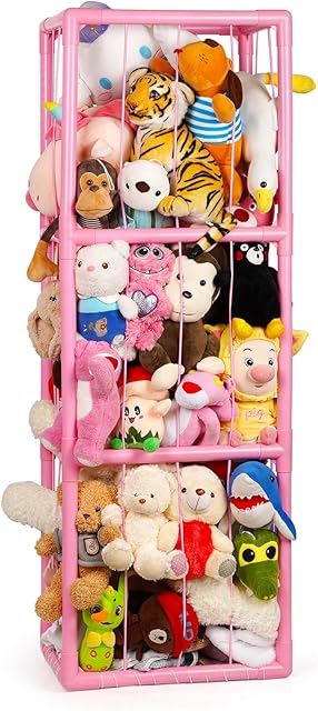 Trycooling Stuffed Animal Storage Zoo Stuffed Animal Holder Space Save Vertical Stuffed Animals Storage PVC with Elastic Band and Net for Playroom Birthday Gift for Bedroom Nursery - Pink