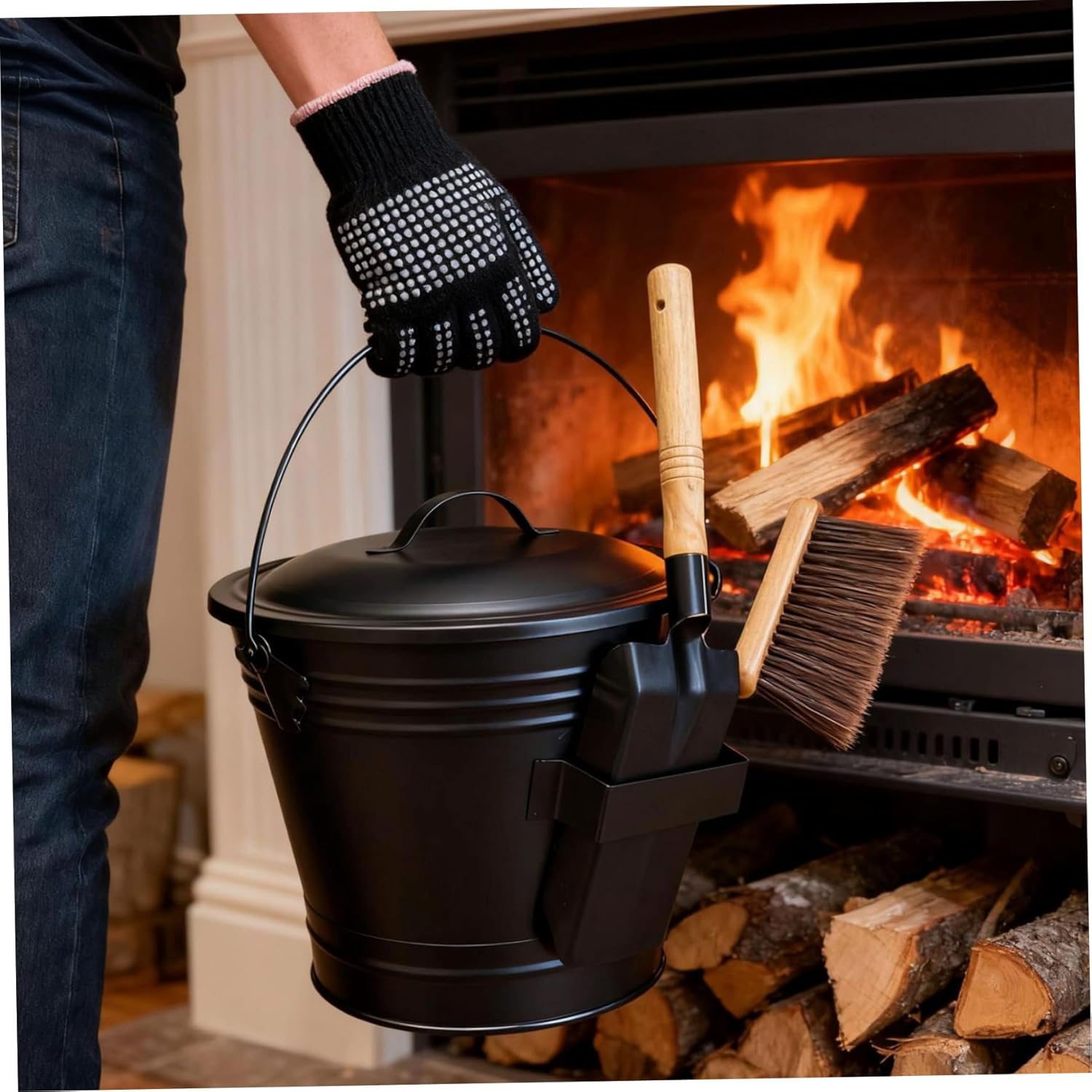 Fireplace Ash Bucket 4PCS/Set Metal Ash Bucket with Lid, Shovel, Broom and Gloves for Fire Pits, Hearth, Wood Stoves with Lid and Shovel, with, Fireplace, Coa