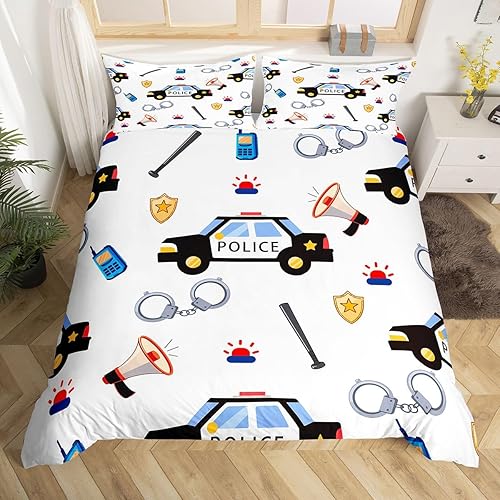 Feelyou Funda de edredón de coche de policía, tamaño individual, funda de edredón de vehículo de policía, juego de ropa de cama blanca con patrón de