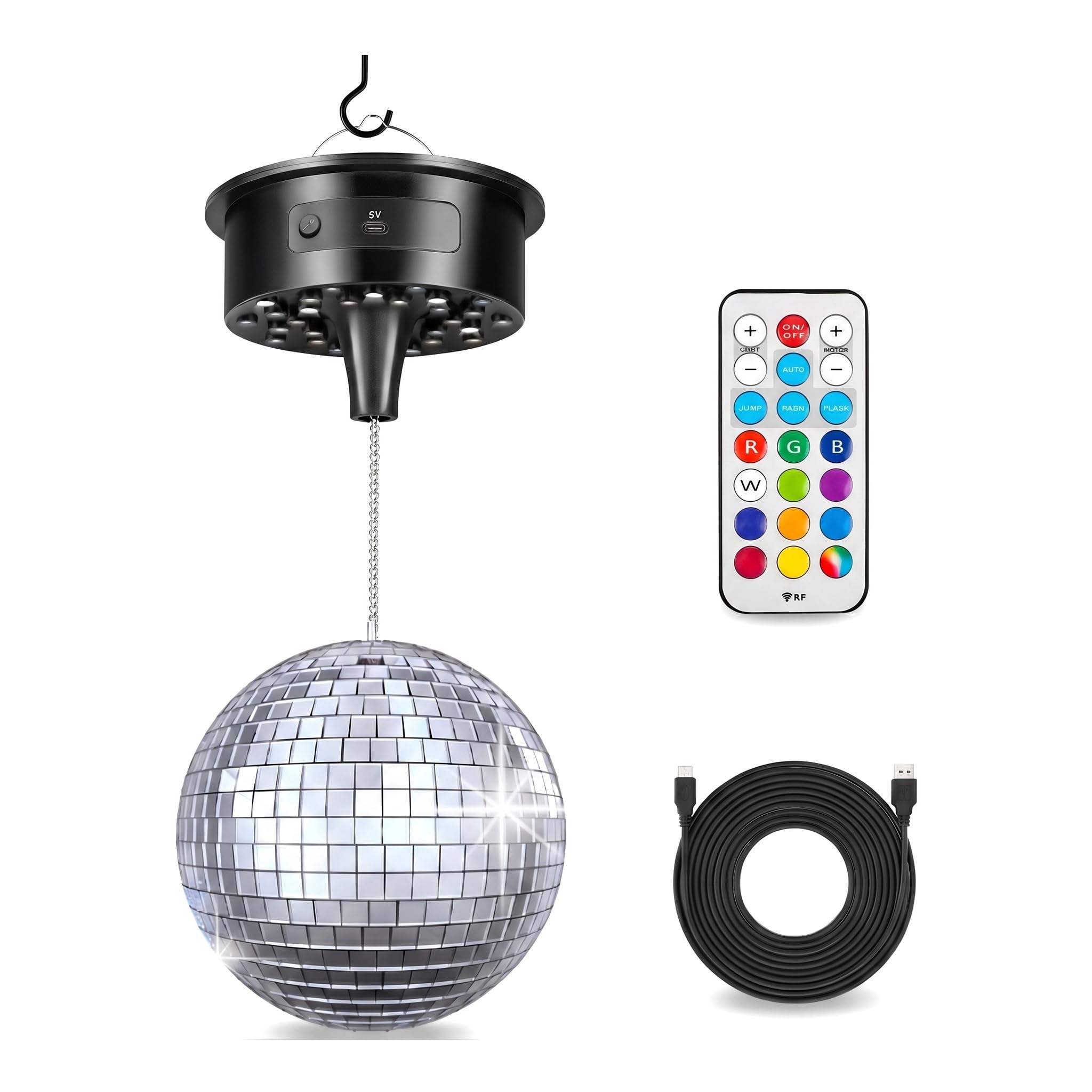 Moteur Boule Facettes 0-15 RPM 6 vitesses, LED & Télécommande pour Fête