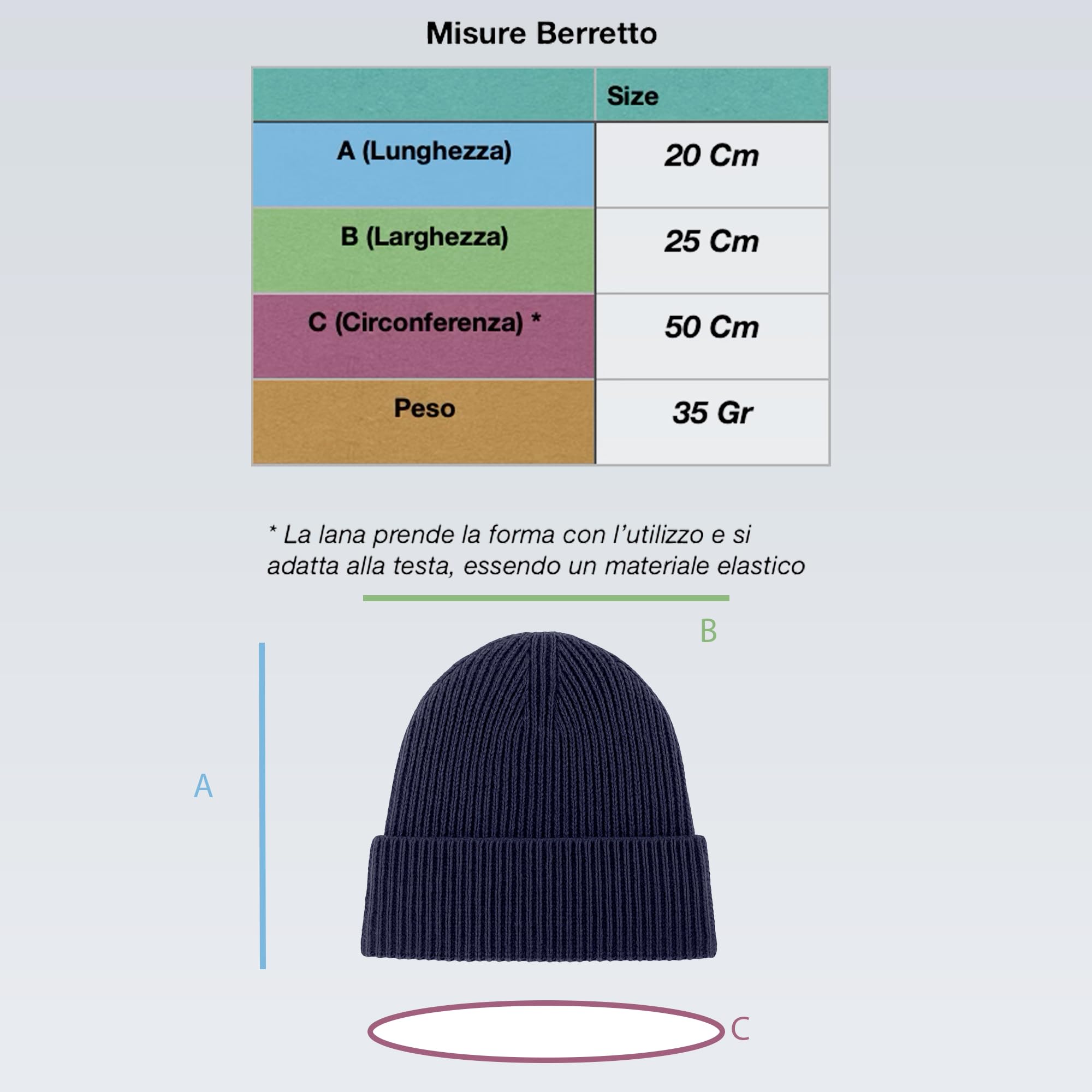 Berretto in Maglia al 100% in Lana con Risvolto - Cappello a Coste 1X1 - Made in Italy - Prodotto Artigianale - Uomo/Donna