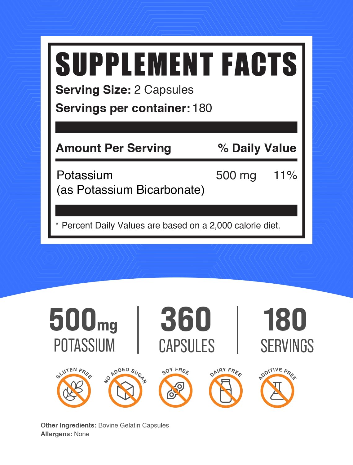 BulkSupplements.com Potassium Bicarbonate Capsules - Potassium Bicarbonate Supplement, 500mg of Potassium - Essential & Gluten Free, 2 Capsules per Serving, 360 Capsules (Pack of 1) — Amazon image 2