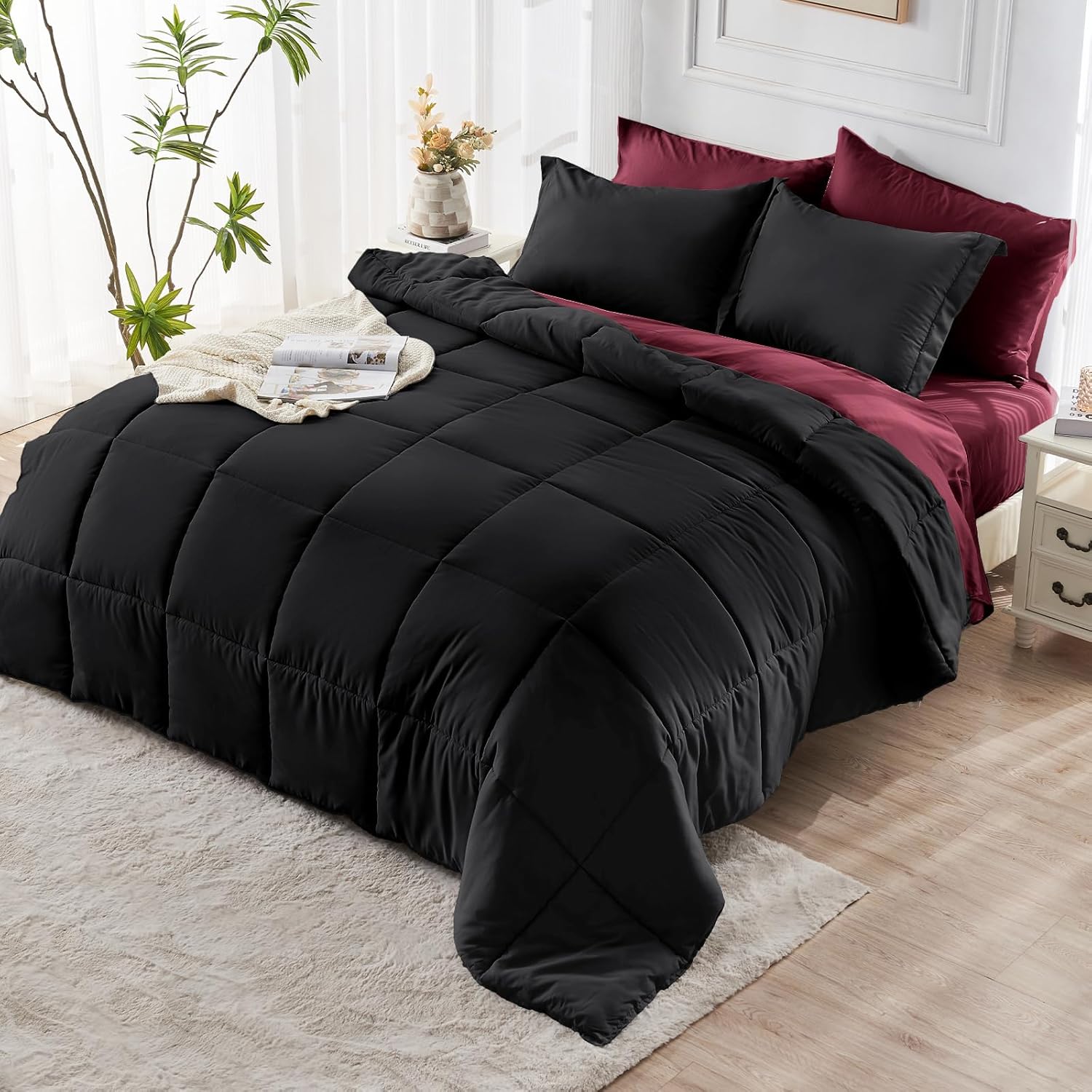 JOLLYVOGUE Queen Comforter Set, Ultra-Soft Bed in a Bag Queen Size 7 Pieces, Oeko-TEX Certified Bedding Set with Down Alternative Comforter, Sheets, Pillowcases & Shams, Burgundy & Black - Image 8