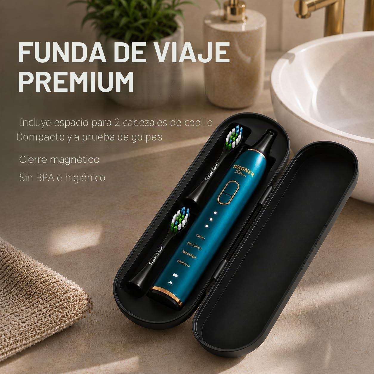 Wagner Stern IntelliBrush Series - Cepillo de dientes eléctrico blanqueador con sensor de presión. Ofrece 4 modos de cepillado, 3 intensidades, 8 cabezales de cepillo suaves y un estuche de viaje de