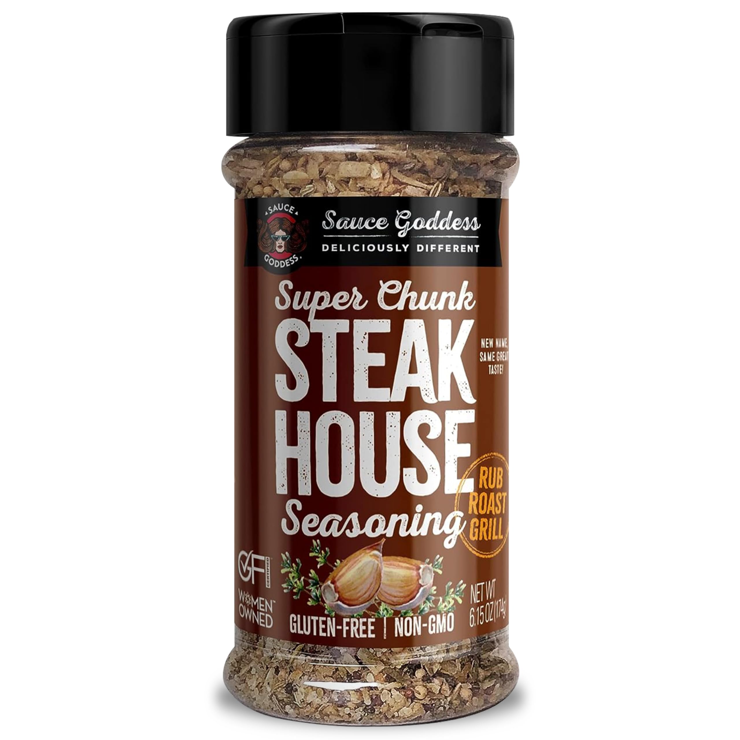 Sauce Goddess - Super Chunk Steakhouse Spice Shaker - Steak Seasoning, BBQ Rub for Chops, Chicken & Veggies, Gluten-Free, Vegan, No Sugar - 6.15 oz