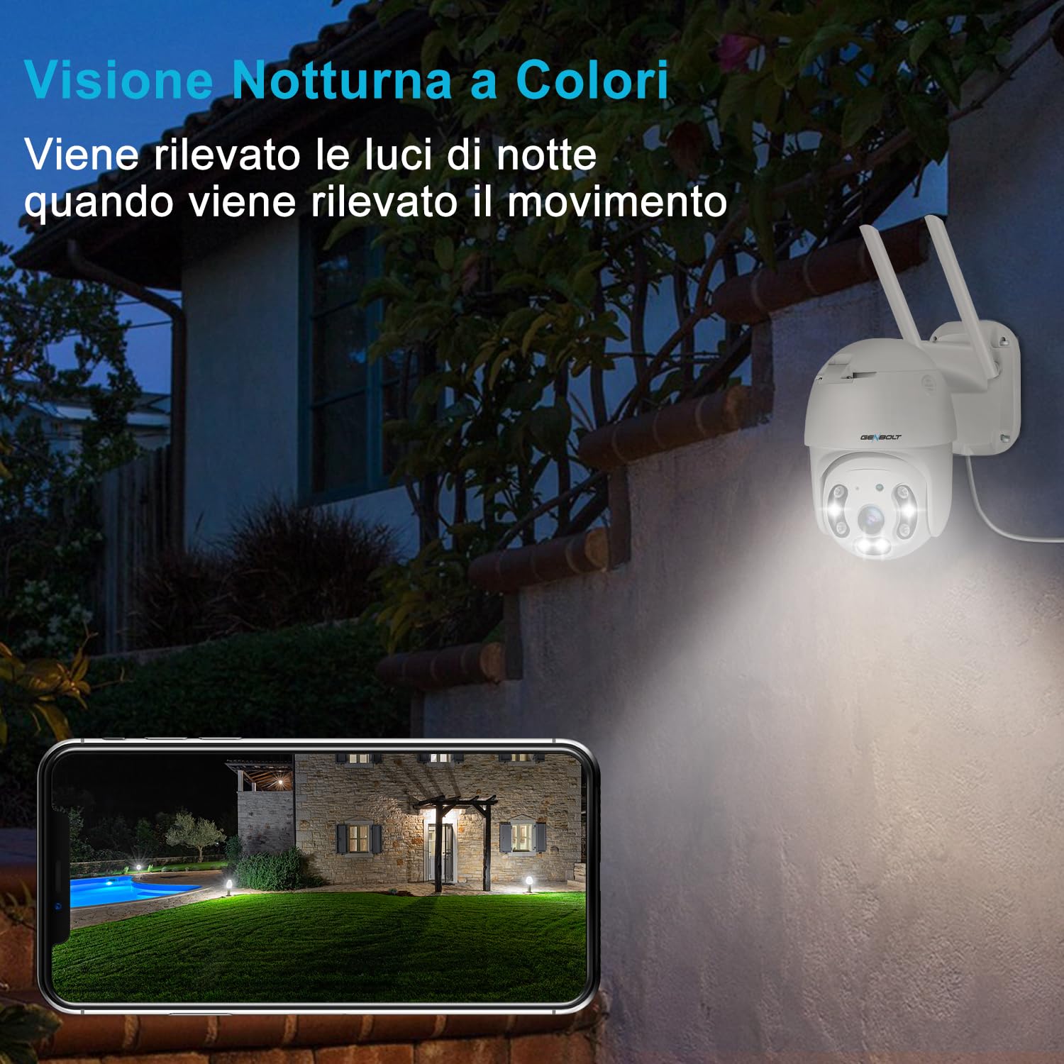 GENBOLT 2.5K Telecamera Wi-Fi Sicurezza Esterno PoE PTZ | DC & PoE, Visione Notturna a Colori, Zoom Digitale 4X, 2-Audio, Allarme Sonoro e Luminoso