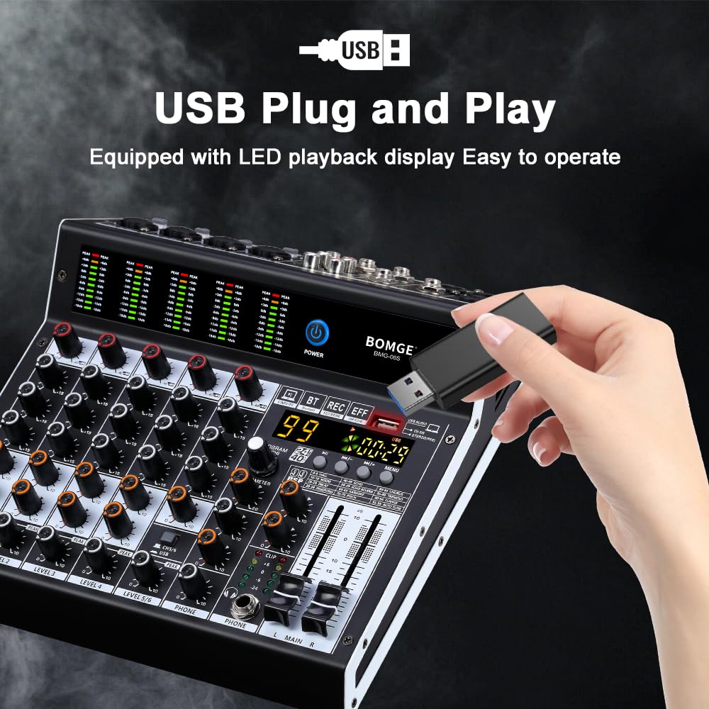 BOMGE Mixer audio professionale a 6 canali console di mixaggio con 99 effetti DSP, +48 V Phantom, Bluetooth, interfaccia USB.2 processore AUX.FX per registrazione in studio e spettacoli dal vivo