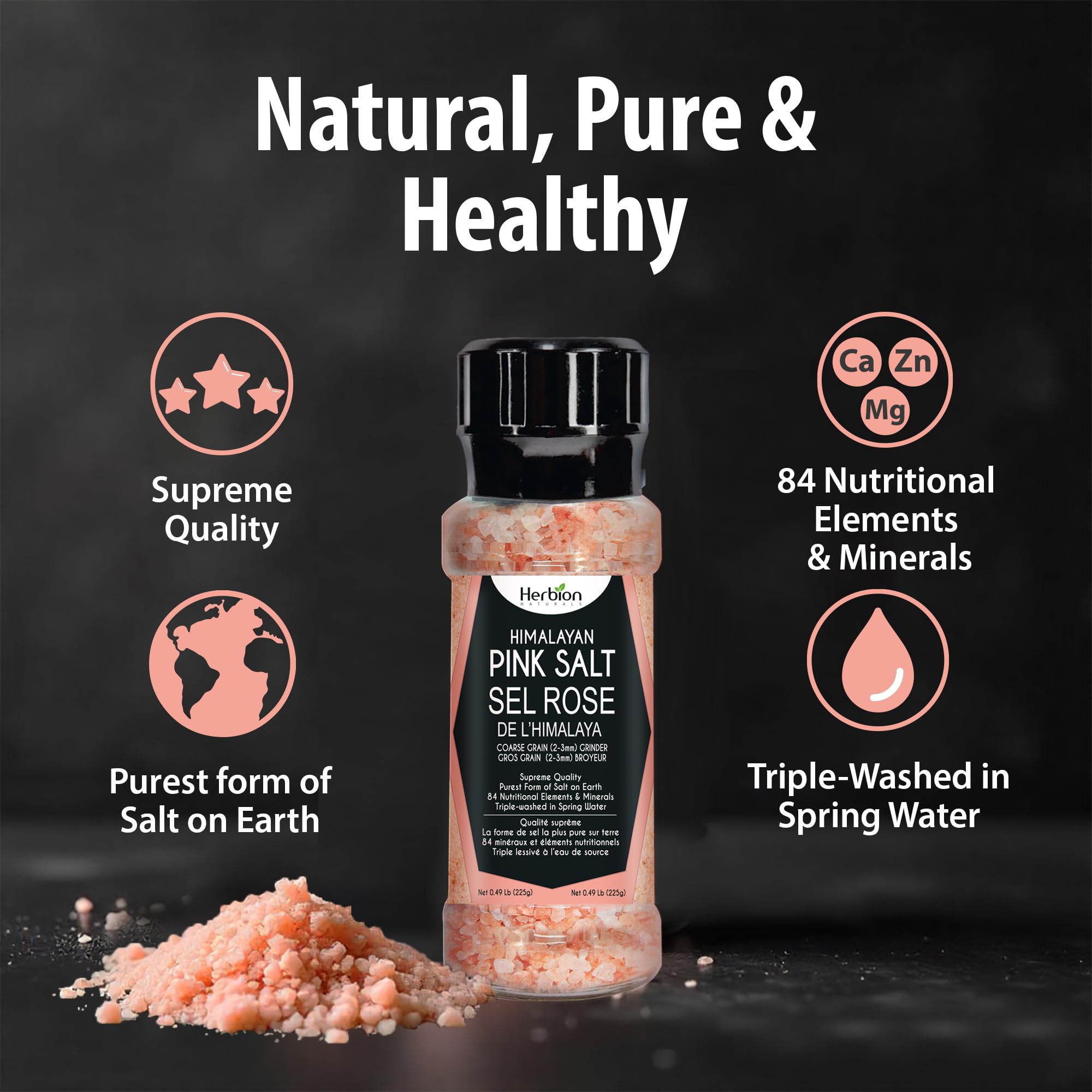 Herbion Naturals Himalayan Pink Salt Grinder a grana grossa, 225 grammi, facile da usare, qualità suprema, forma più pura di sale (confezione da 1)