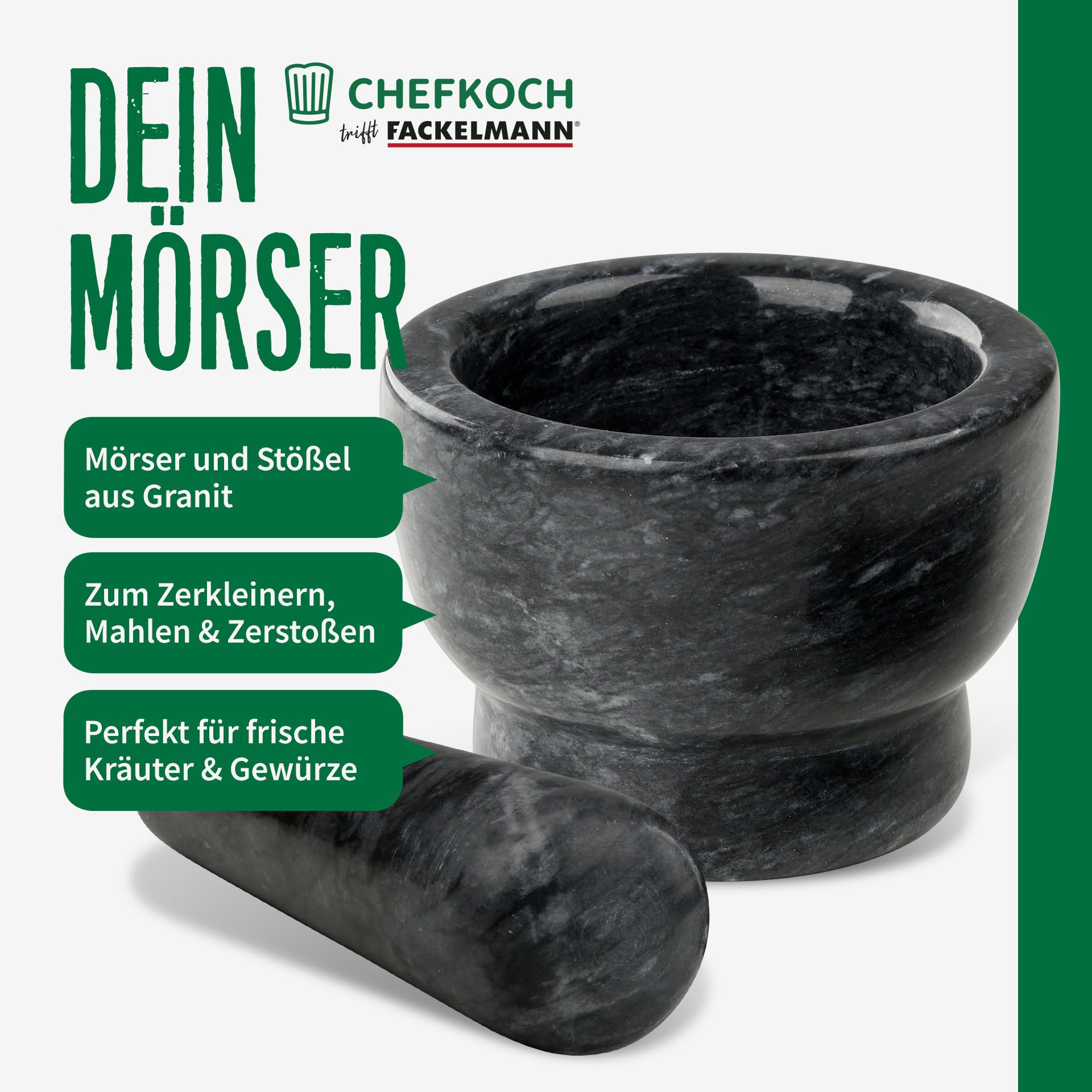 Chefkoch mortaio con pestello in granito – per coltivare, macinare e schiacciare – perfetto per erbe fresche e spezie – Dimensioni mortaio: circa 9,5 x 7 cm, pestello: circa 3,5 x 10,5 cm