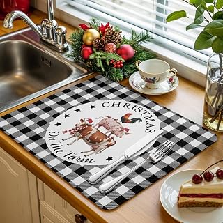 Christmas Dish Drying Mat for Kitchen, Cow Pig Chicken Farm Animal Buffalo Plaid Absorbent Kitchen Counter Mat, Dish Drying Pad for Dishes, Utensils, Pots and Camping, 18"x24"(2 Panels)