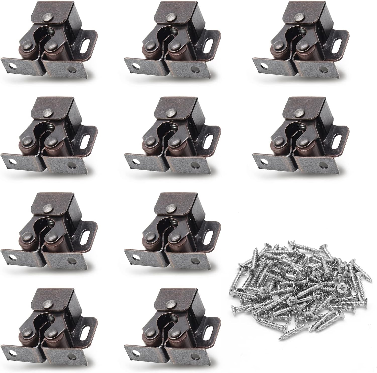 Luomorgo 10 Pack Double Roller Catch Cabinet Latches with Spear Strike for Cupboard Closet Door, Antique Bronze
