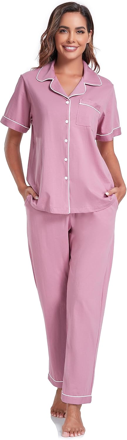 COLORFULLEAF Women's 100% Cotton Pajamas Set Button Down Sleepwear Short Sleeve Shirt and Long Pants Soft Ladies Lounge Sets - Image 2