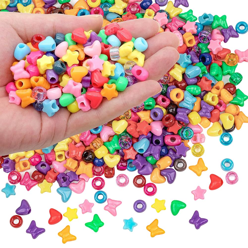 600 Pcs Assorted Shape Pony Beads Plastic Heart Star Beads Large Hole Butterfly Beads Multi Colored Pony Beads Rainbow Friendship Bracelet Beads Jewelry Making Supplies