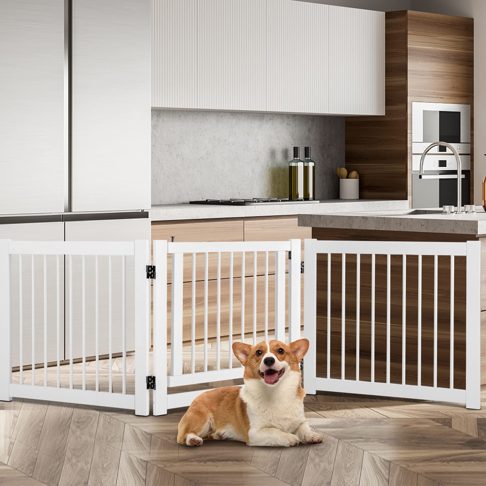 GOPLUS Puerta de Seguridad de Escalera de Corralito de Madera de Pino Barrera Plegable Puerta de Seguridad para Perros Puerta de Seguridad (Blanco)