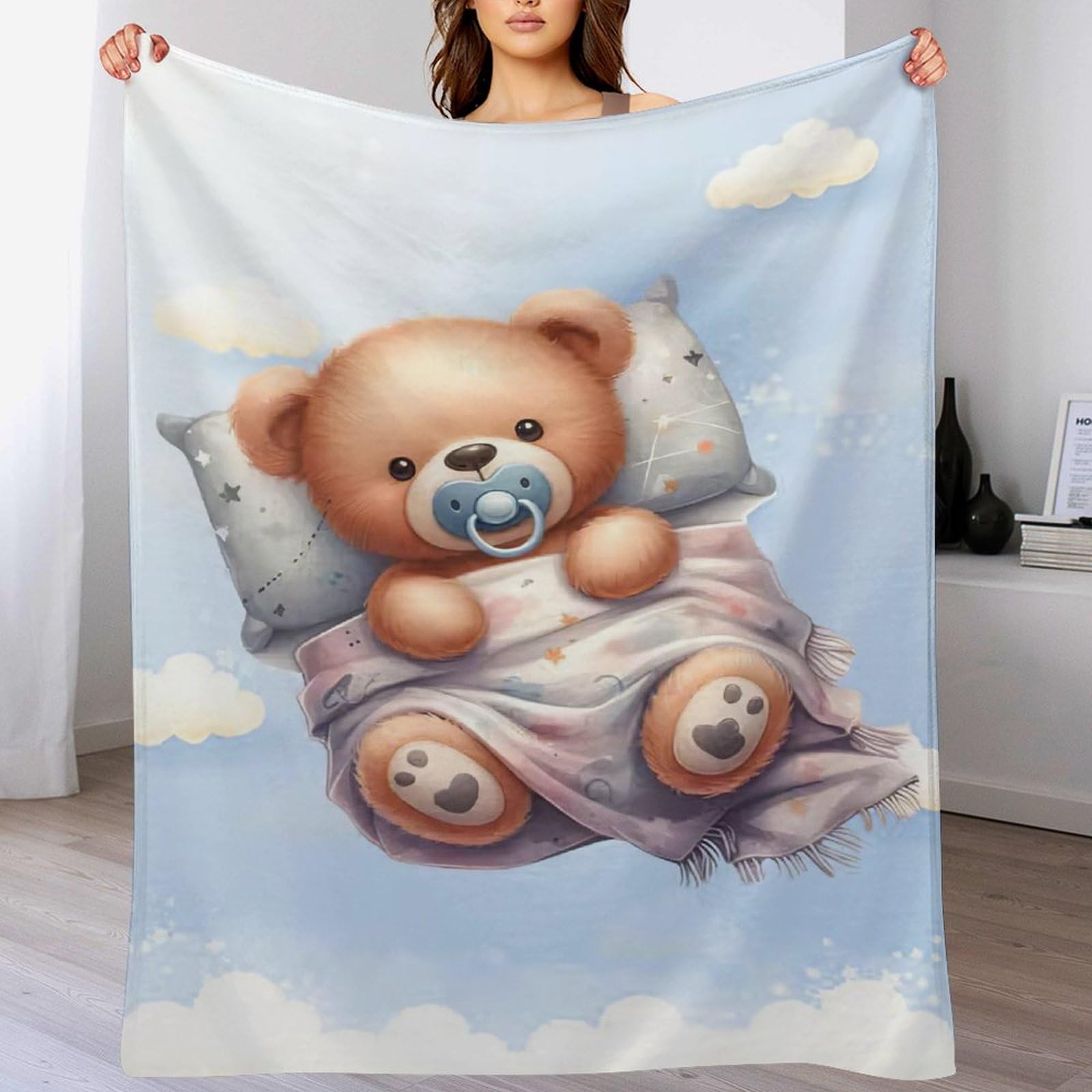 Couverture polaire en flanelle motif ours douce et chaude