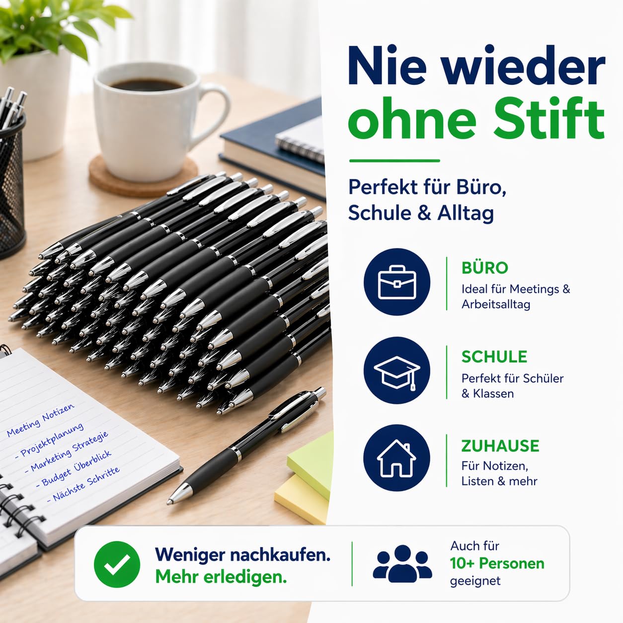 100 Kugelschreiber Blau oder Schwarz – alle mit blauer Tinte - Kugelschreiber Set weich schreibend, gleichmäßiger Tintenfluss, Soft-Grip – Vorratspack für Büro, Schule und Teams (100, Schwarz)