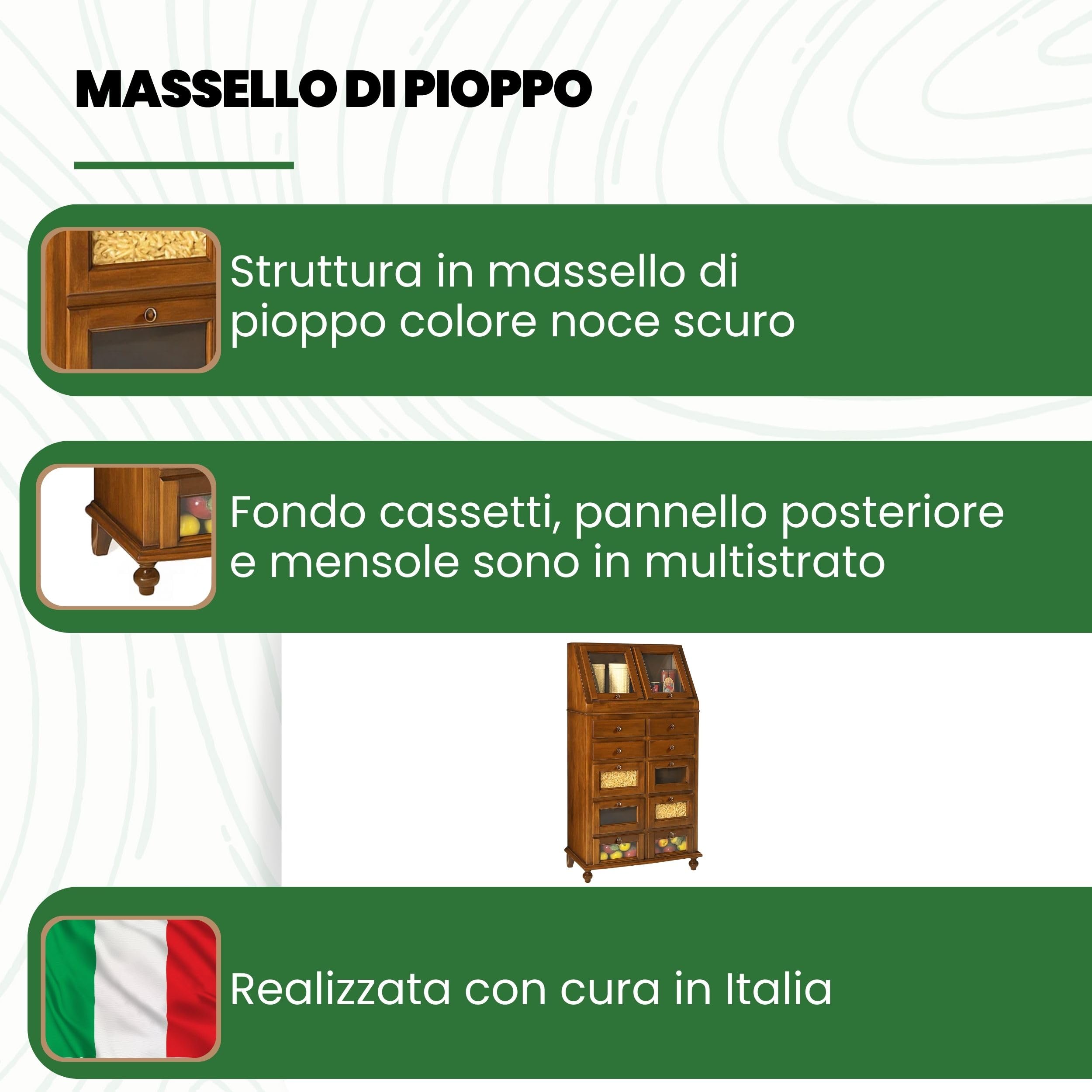 Mar.c.a. Design - Mobile Dispensa Arte Povera in Legno 80x42x153 cm - Dispensa Credenza per Cucina con 10 Cassetti e 2 Ante - Made in Italy