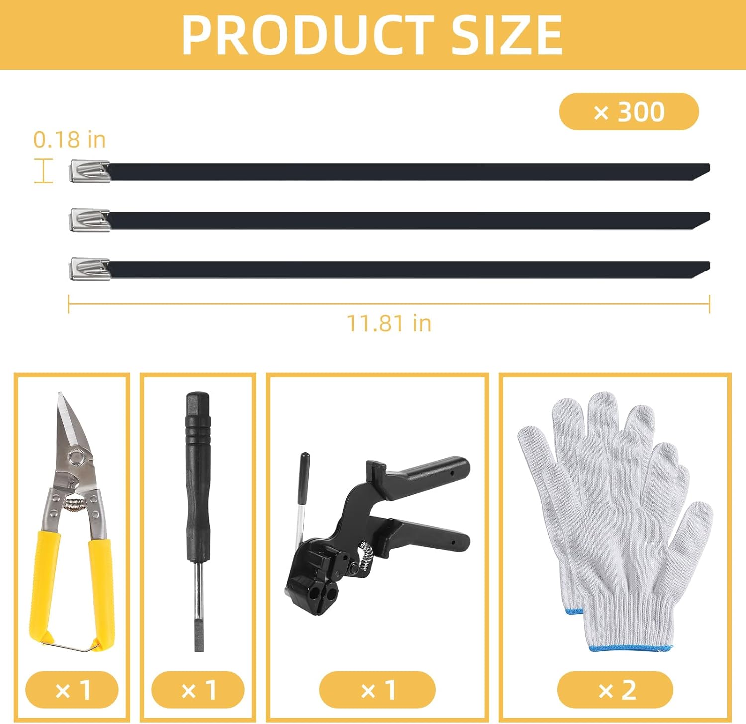 300 PCS 11.8 Inch Metal Zip Ties, Stainless Steel Cable Tie Gun Set, Heavy Duty Self-locking Cable Ties Adjustable Metal Zip Ties Tool Kit for Machinery Exhaust Wrap Pipes Cables Fence (Black)