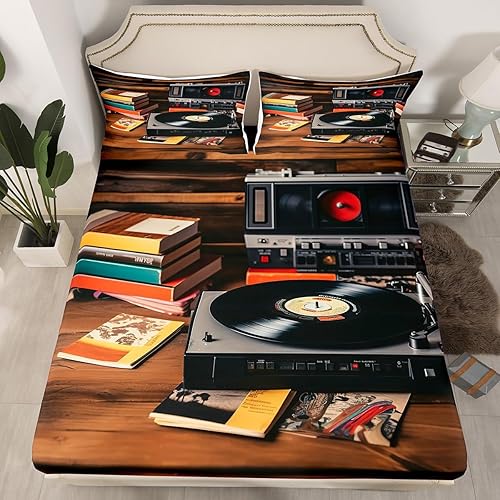 Sábana bajera ajustable de grabación de audio vintage de los años 80, estilo retro, cintas de radio de cassette, juego de cama individual para