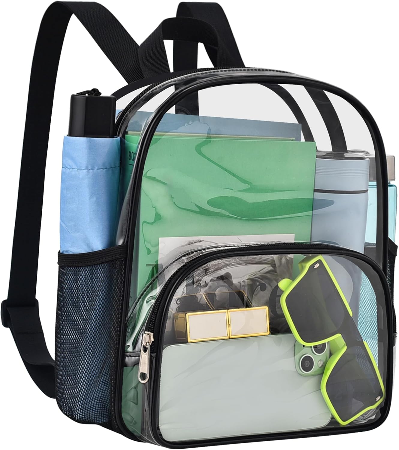 Clear Backpack for Stadium Events Small Clear Bag with Front Pocket 9.5" x 6"x 11.5" Waterproof Stadium Backpack Women Fashion Backpack for Concert Sport Travel, Black