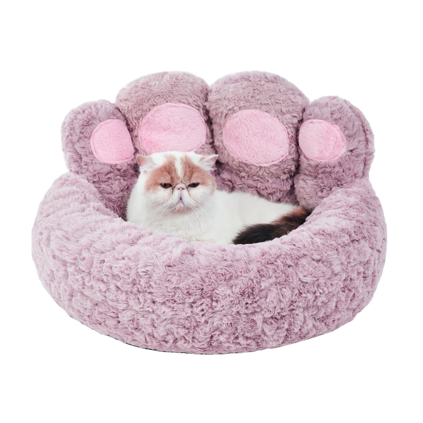Jiupety Paw Shape Calming Pet Bed, Plush Faux Fur Donut Bed for Dogs & Cats, Machine Washable, Non-Slip Bottom, Medium (22"×22"×6"), Purple