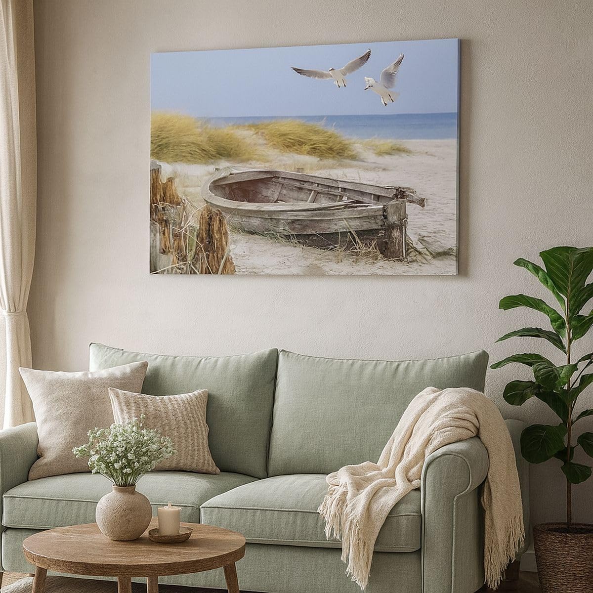 Bilder auf Leinwand 100x70cm Leinwandbild mit Rahmen Strand Möwen Łódź Groß Wanddeko Bild Schlafzimmer Küche Deko Wandbilder Dekoration Wohnzimmer Wall Decor Canvas Wand Kunstdruck Art AA100x70-4170