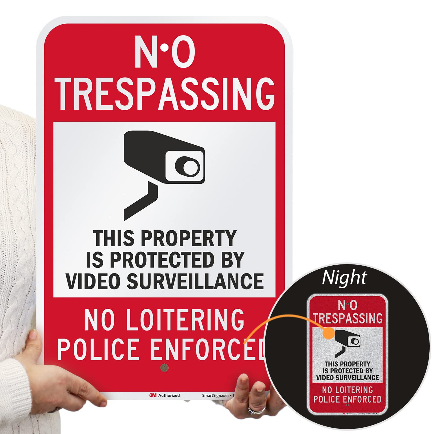 SmartSign - K-8994-EG-12x18 "No Trespassing - Property Protected by Video Surveillance, No Loitering" Sign | 12" x 18" 3M Engineer Grade Reflective Aluminum