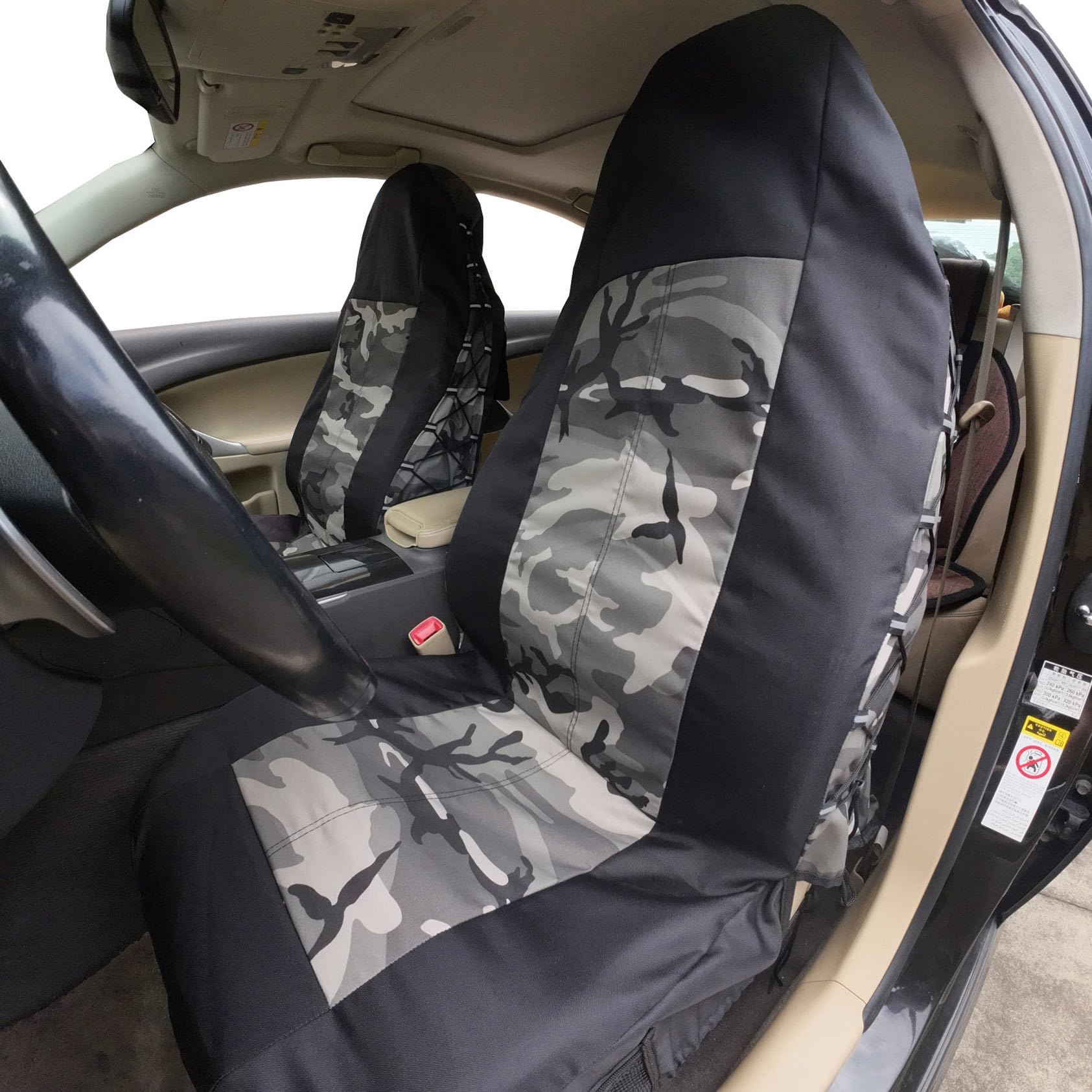 Fundas de asiento delantero de lona y camuflaje militar gris, protector de asiento delantero para asientos de coche con respaldo alto con organizador de múltiples bolsillos para almacenamiento