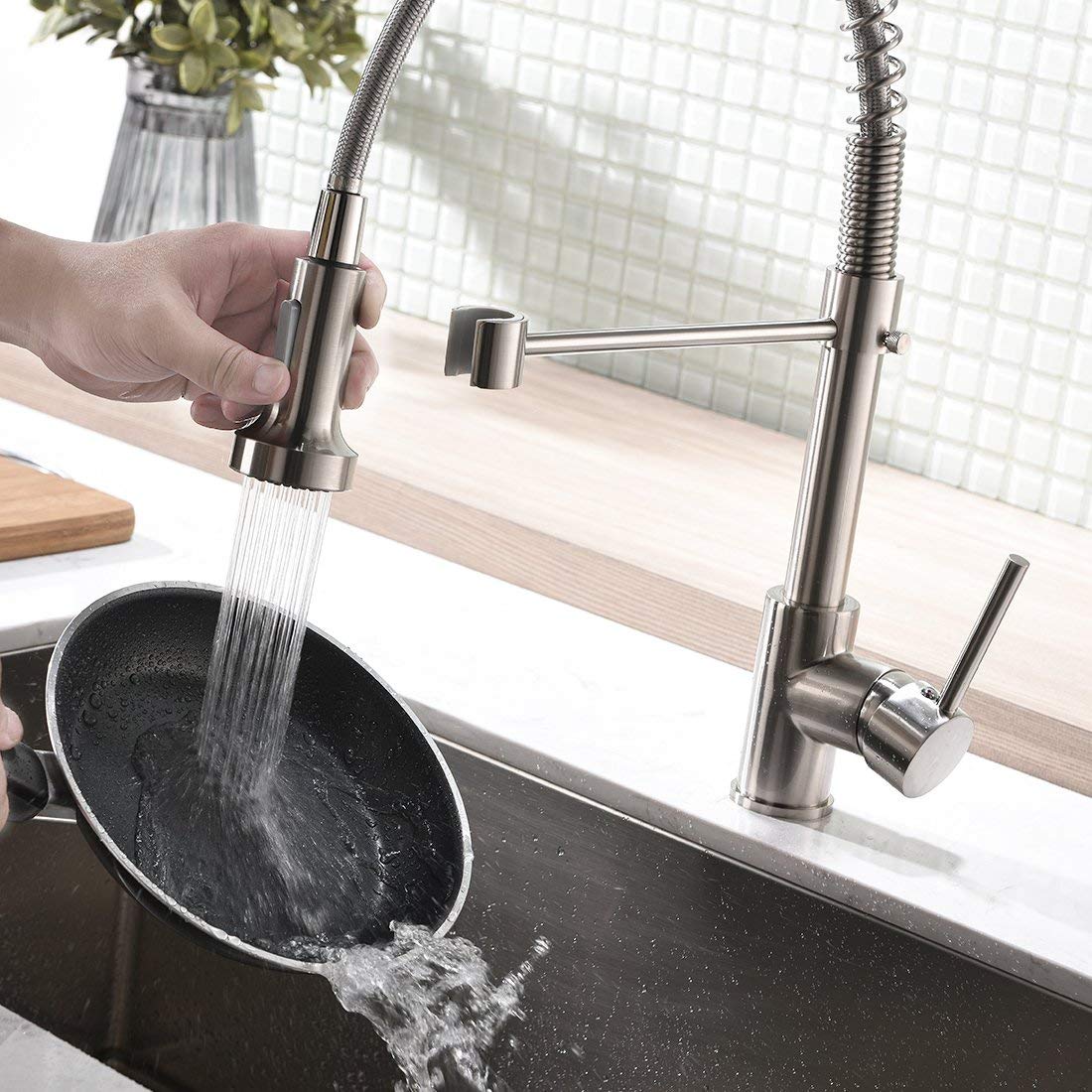 Kitchen Tap with Extendible Shower - Spiral Spring Hose & 360° Swivelling - Matte Brushed Nickel Premium Design - Single Lever Mixer Tap & Pull-Down Spray - High Pressure Tap for Sink 1