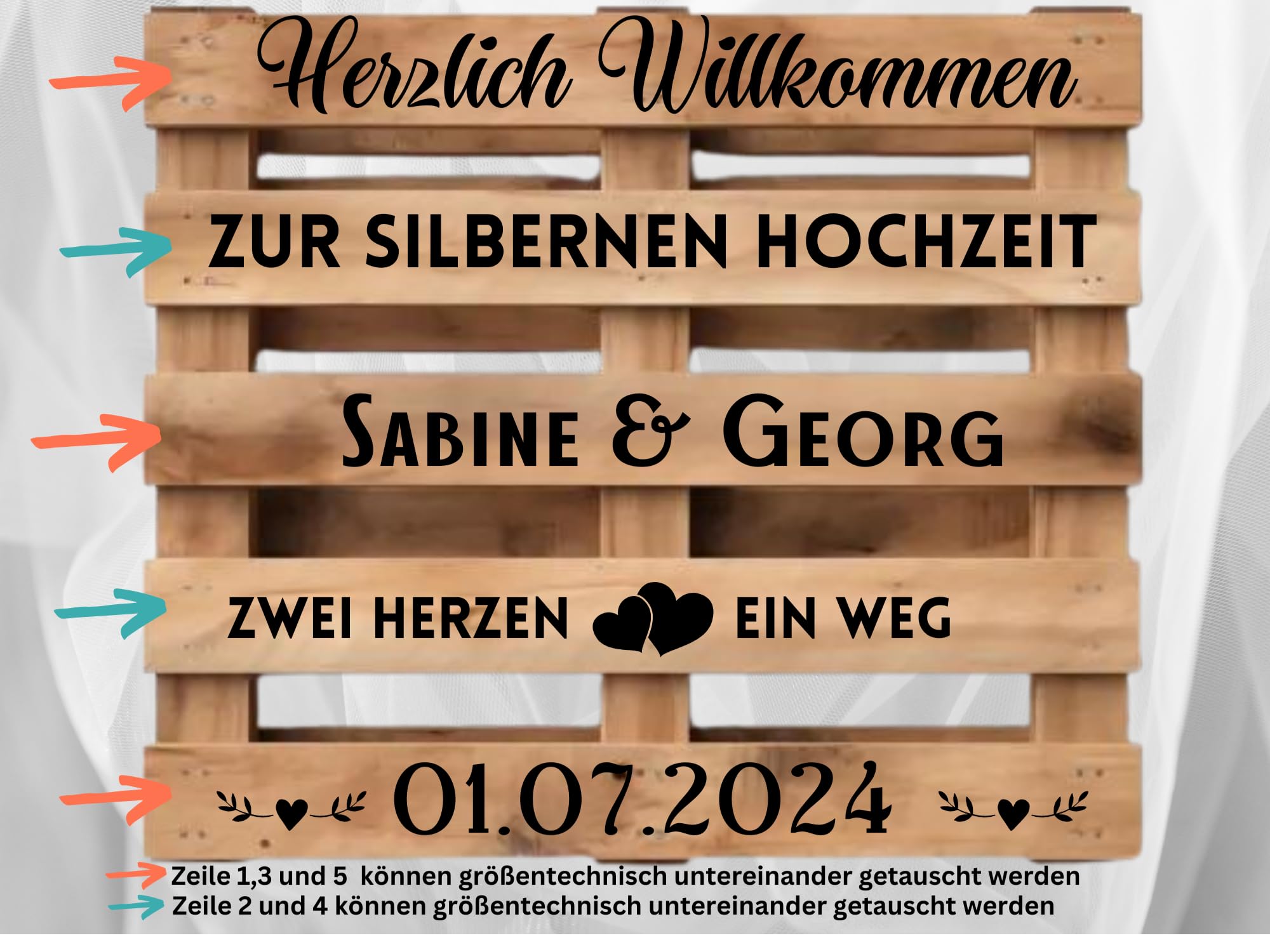 Palettenaufkleber Silberhochzeit personalisiert mit Namen und Datum in Schwarz oder Weiß, Aufkleber für Palette, passend für Europalette, Diy Hochzeitspalette, Klebeschrift
