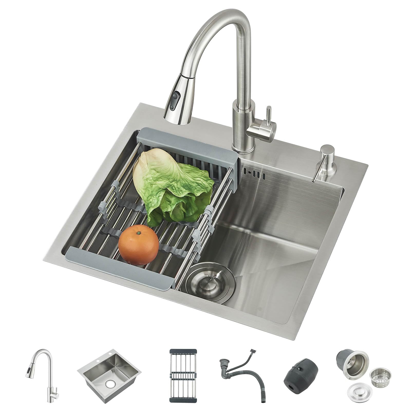 Évier de cuisine en acier inoxydable avec robinet extensible pour montage en saillie et à ras de surface, brossé