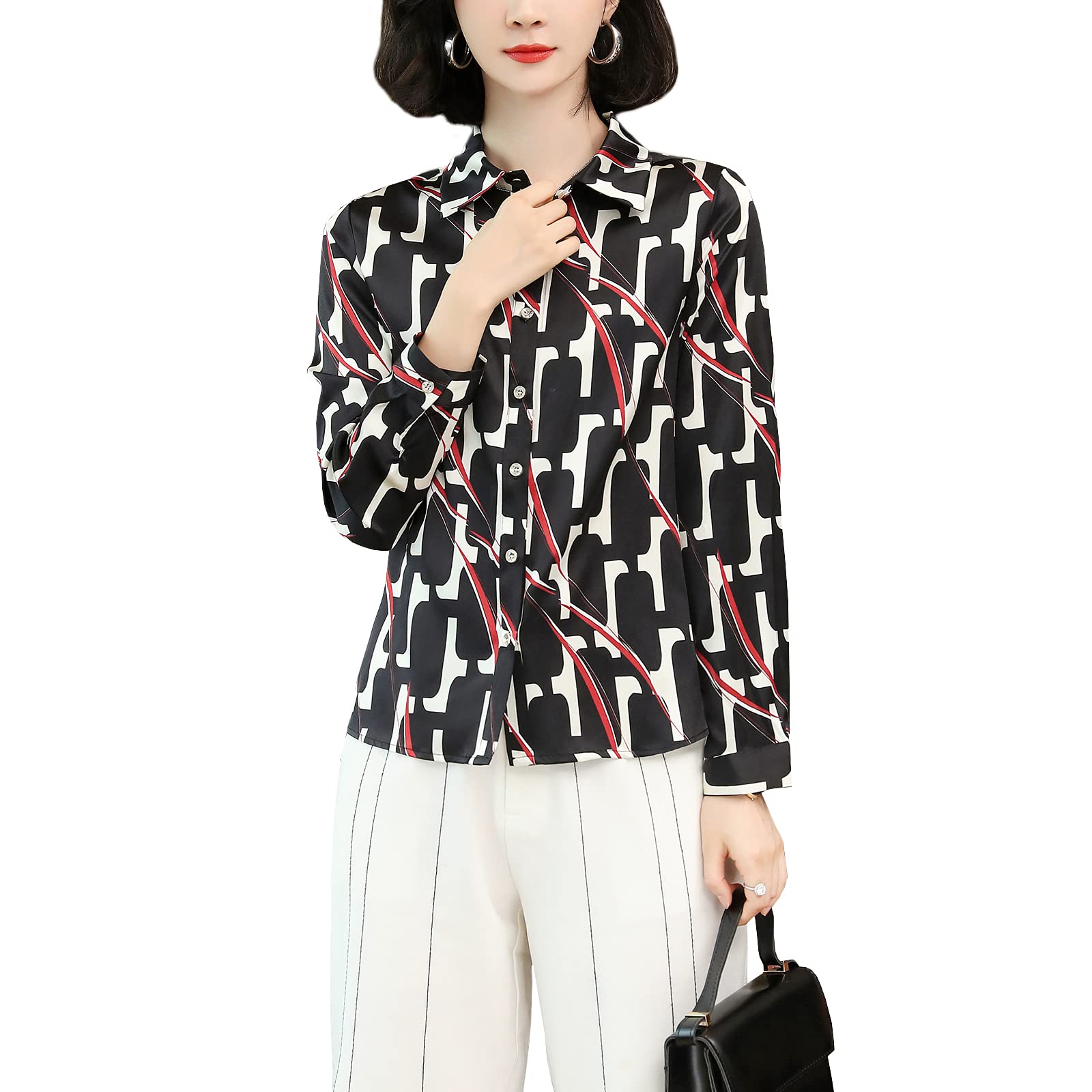 E-girl Blusa de seda para mujer, diseño de lunares, con botones, manga larga, solapa, S3510