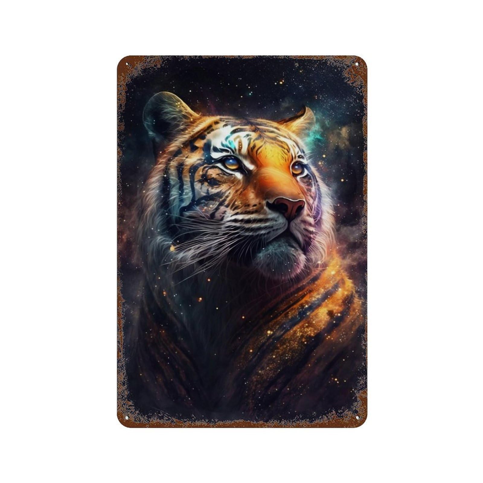 The Cosmic Tiger Rust Effect Tin Sign 11.8"x7.9", Farmhouse Wall Decor for Living Room, Hallway And Home Decor
