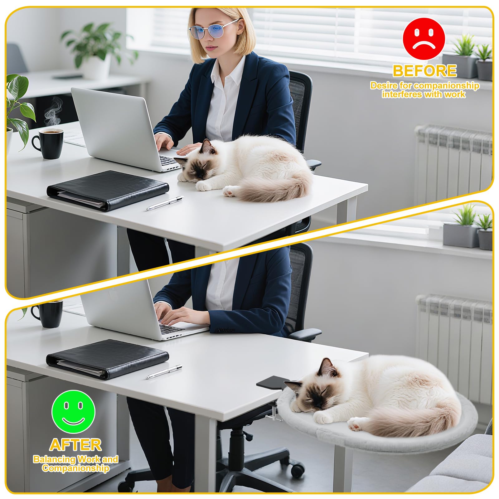 Yuning Cama para Gatos para Escritorio, Casa para Gatos de Interior Giratoria 360° con 2 Lavables Colchones Cálidos y Fríos, Cama de Escritorio Hamaca para Mascotas para Oficina en Casa, hasta 20kg