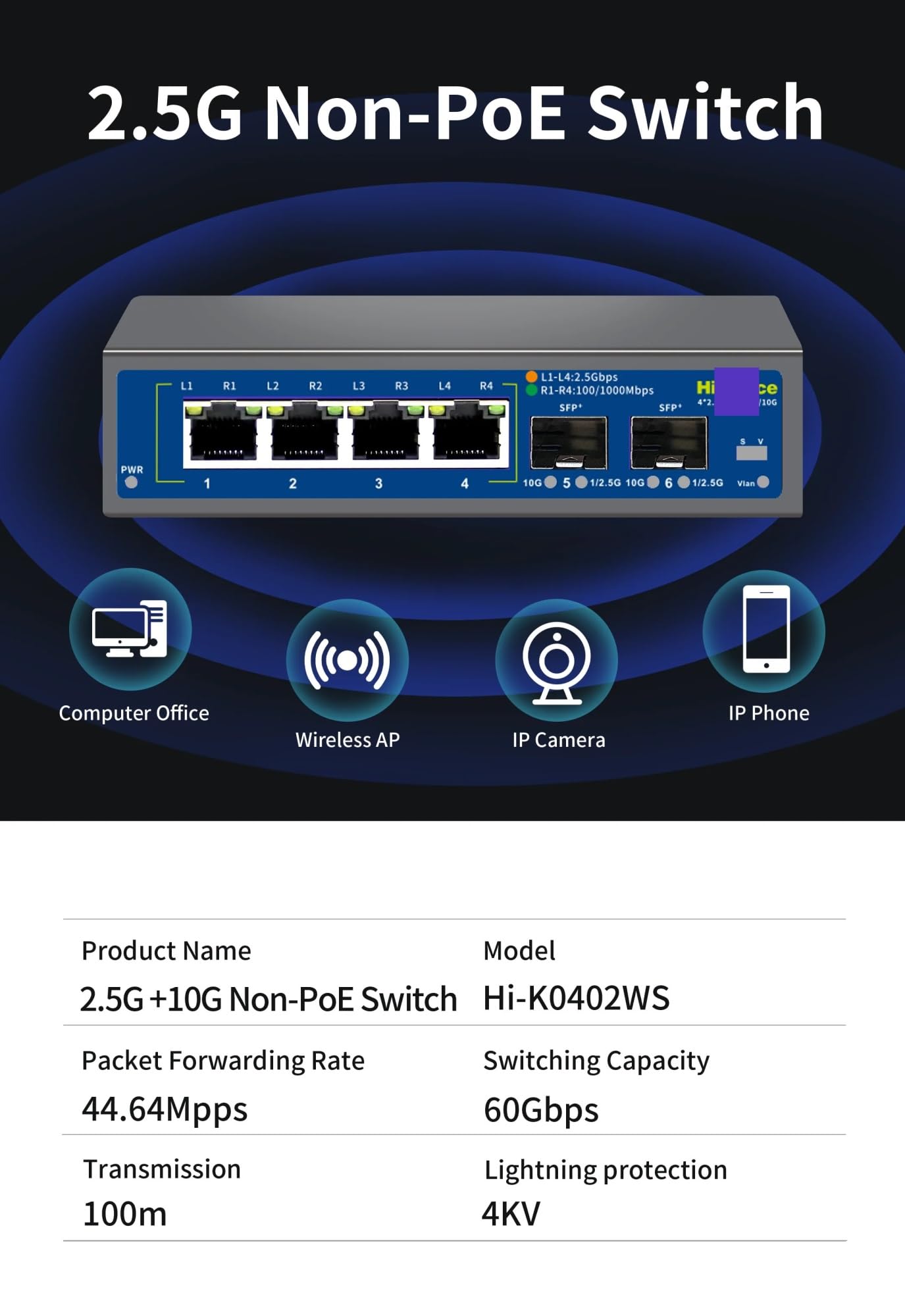 Commutateur réseau Ethernet 2,5 G à 8 ports sans PoE avec 2 ports SFP 10 G pour caméra IP/CCTV de sécurité (Hi-K0402WS prise UE)