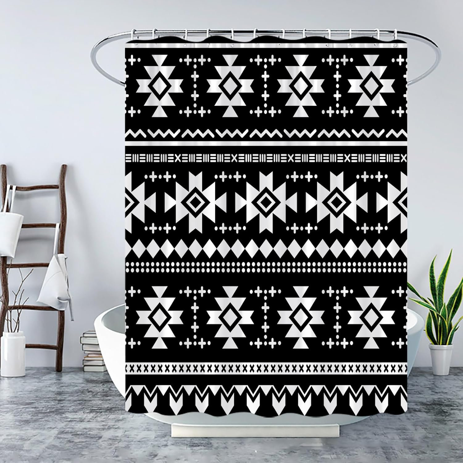 Aztec Shower Curtain White Black Geometric Southwestern Abstract Tribal Boho Native American Navajo Ethnic Vintage Triangle Retro Bath Curtain with Hook