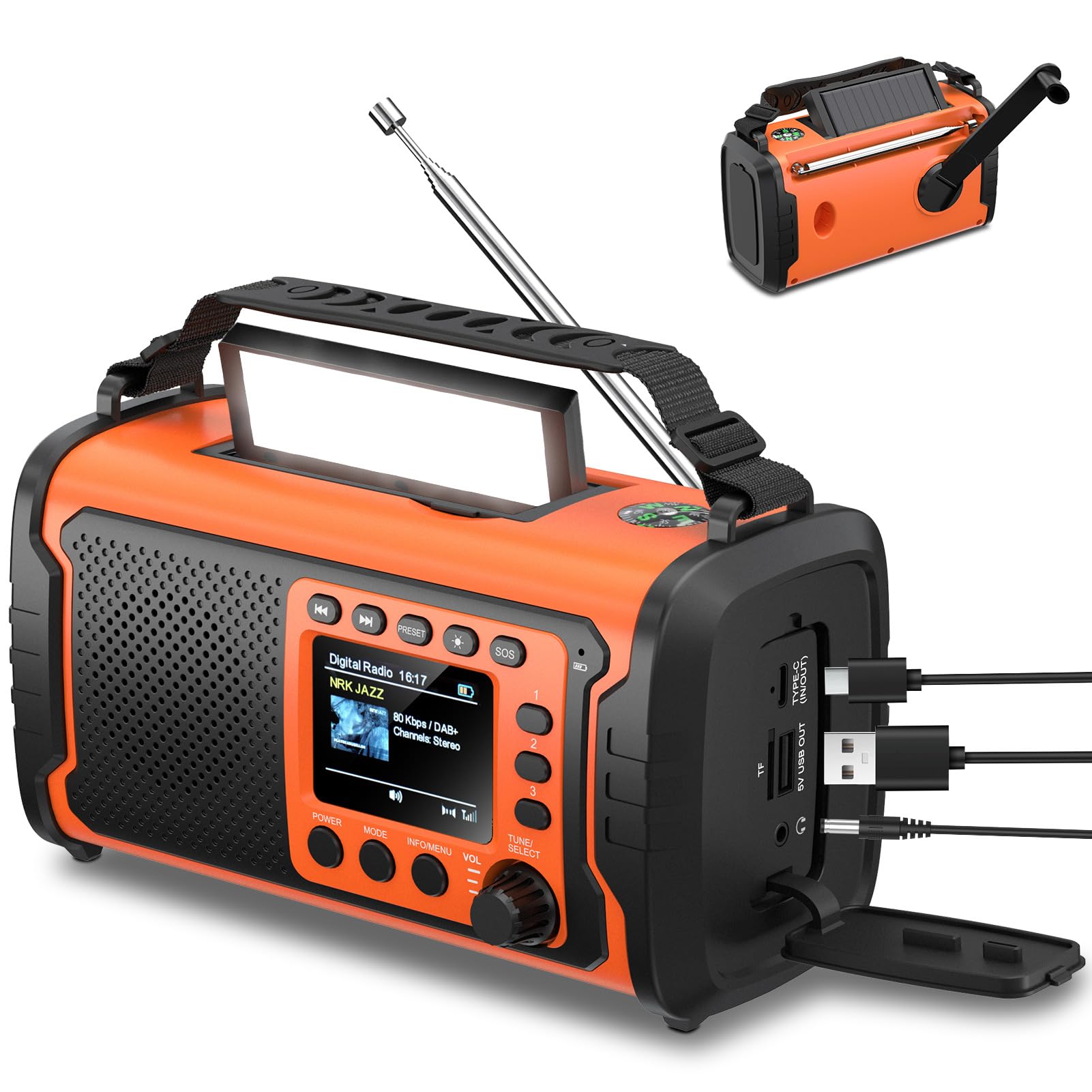 27000mAh DAB/DAB+ Notfallradio mit Kurbel, Solar & USB Laden, Bluetooth 5.3, Powerbank-Funktion, SOS Signal, Heller Taschenlampe, Leselampe, Kompass, TF-Karte und robustem Outdoor-Design, Orange