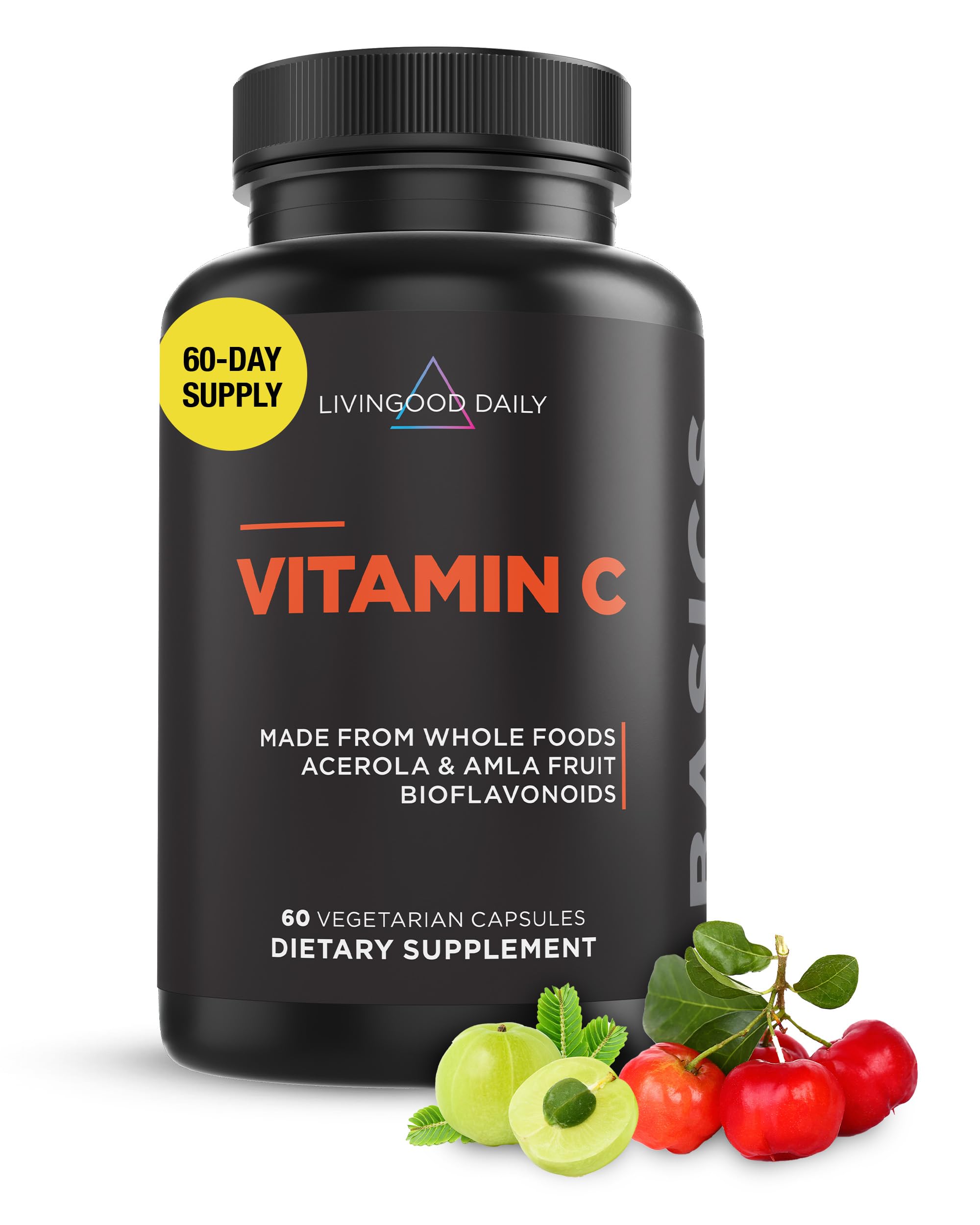 Livingood Daily Vitamin C Supplement, 3-in-1 Whole Food-Based Vitamin C with Acerola & Amla Fruit Extracts and Citrus Bioflavonoids for Immune Support, Vegan, Gluten Free, Non GMO, 60 Capsules