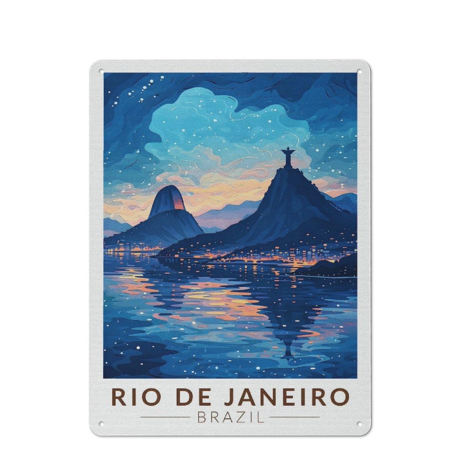 Junmoney Style-2 Rio De Janeiro Cityscape At Night Tin Wall Sign 40X30cm, Retro Novelty Wall Art For Bedroom, Kitchen, Office Or Living Room